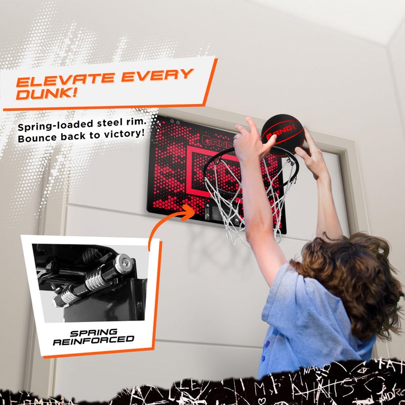 AND1 Mini Basketball Hoop: 18â€x12â€ Pre-Assembled Portable Over The Door with Flex Rim, Includes Two Deflated 5â€ Mini Basketball with Pump, for Indoor, Red/Black - Image 3